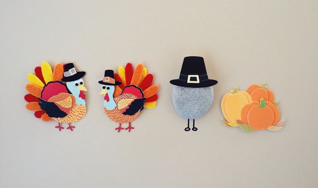 Felt Cut-outs of Turkeys, a Pilgrim Hat and a Pumpkin