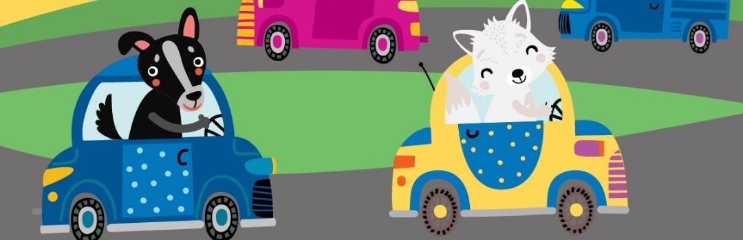 Cartoon Cats and Dogs in Cars on Road
