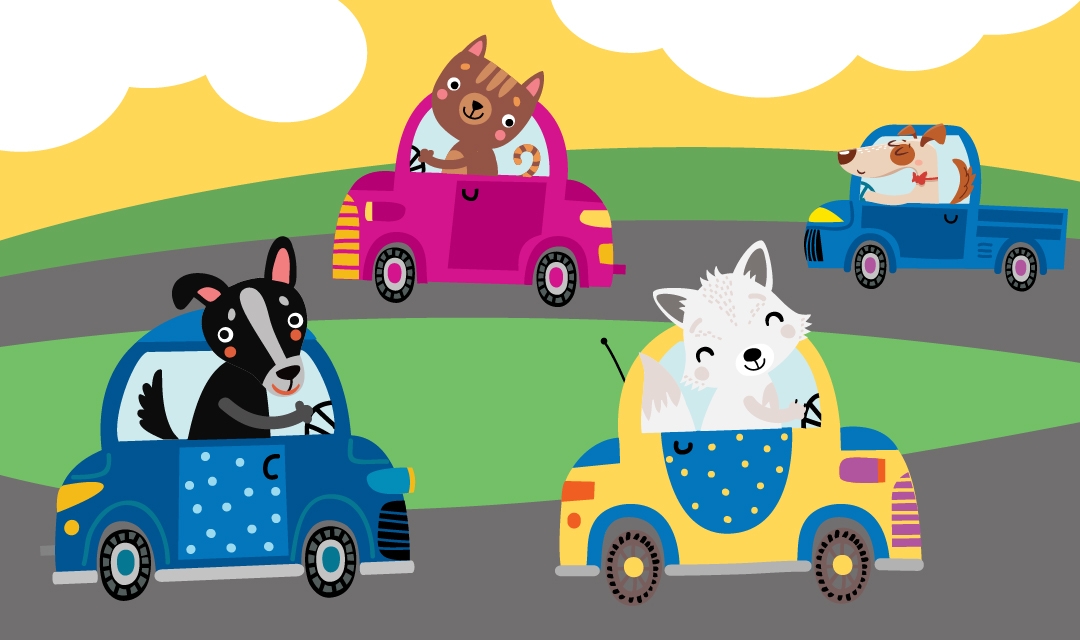 Cartoon Cats and Dogs in Cars on Road